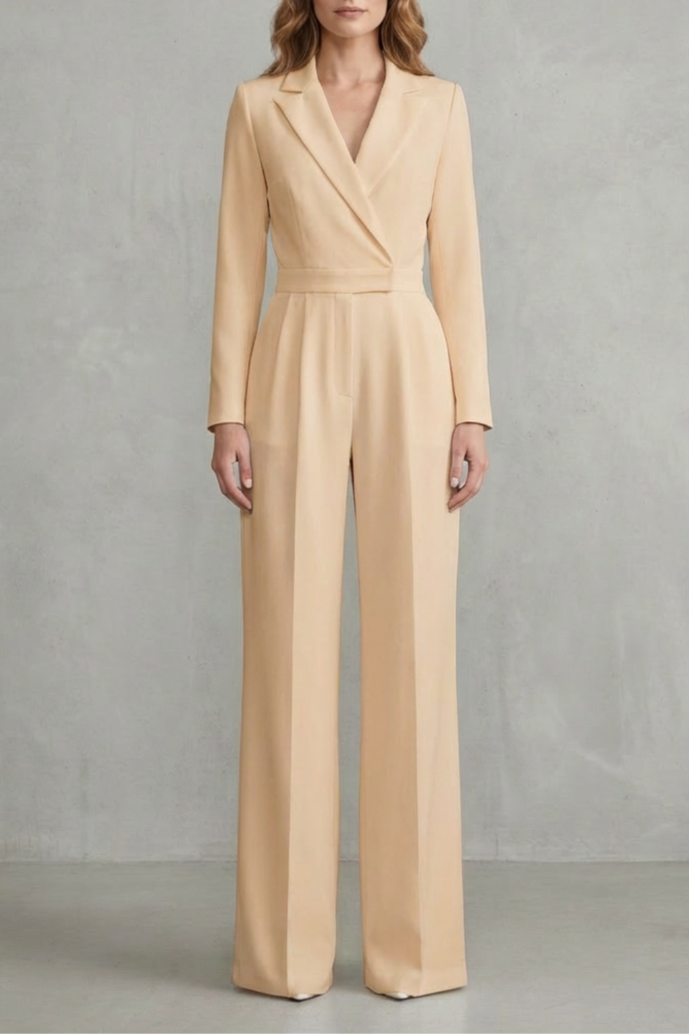Phoebe | Jumpsuit White Crepe Wide-Leg Tuxedo Long Sleeve for Women