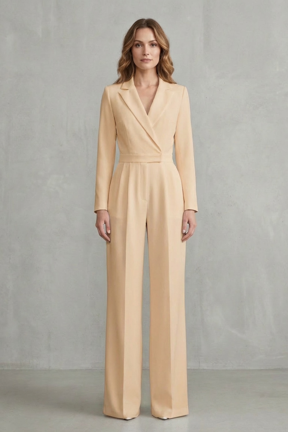 Phoebe | Jumpsuit White Crepe Wide-Leg Tuxedo Long Sleeve for Women