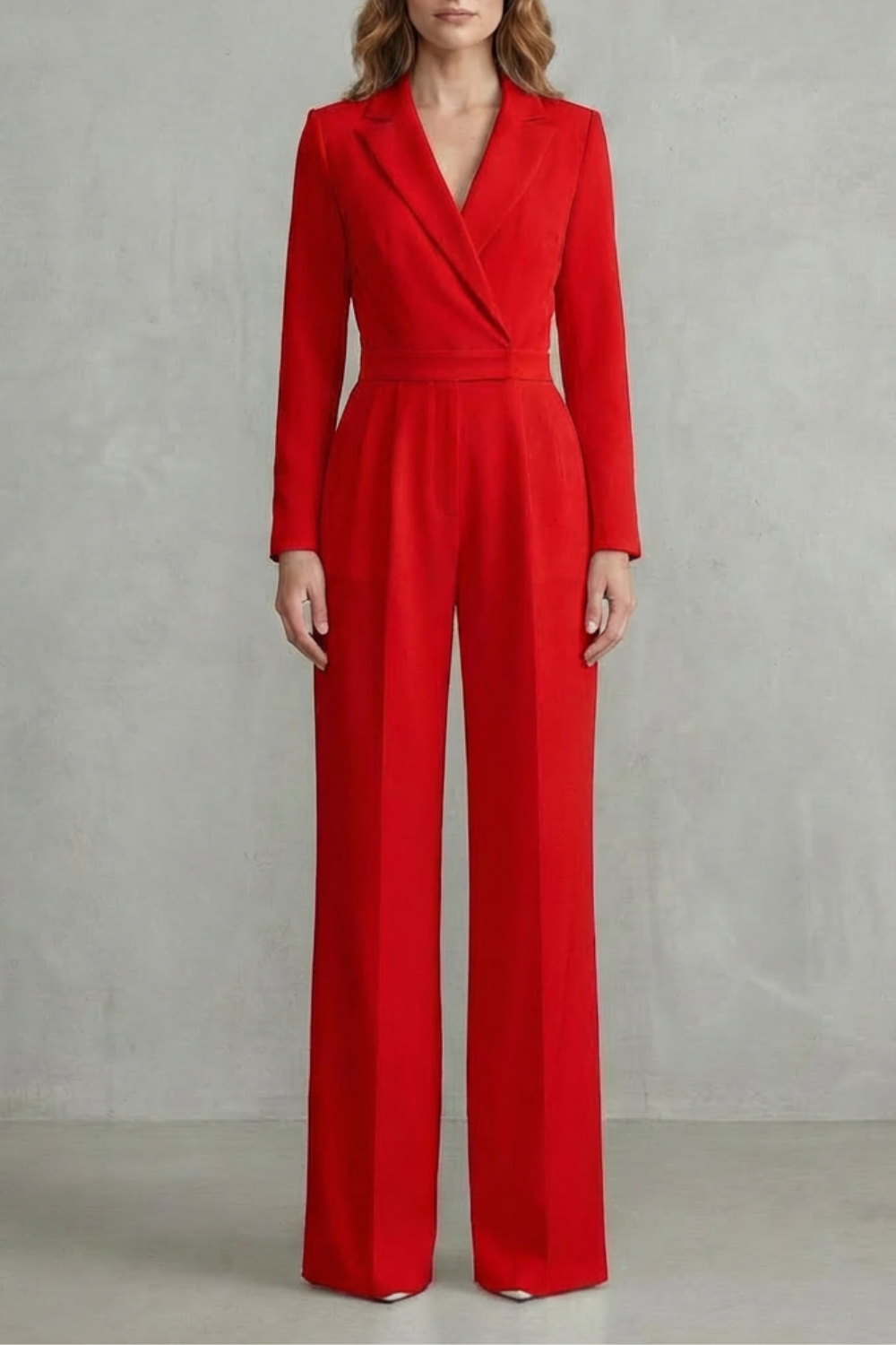 Phoebe | Jumpsuit White Crepe Wide-Leg Tuxedo Long Sleeve for Women