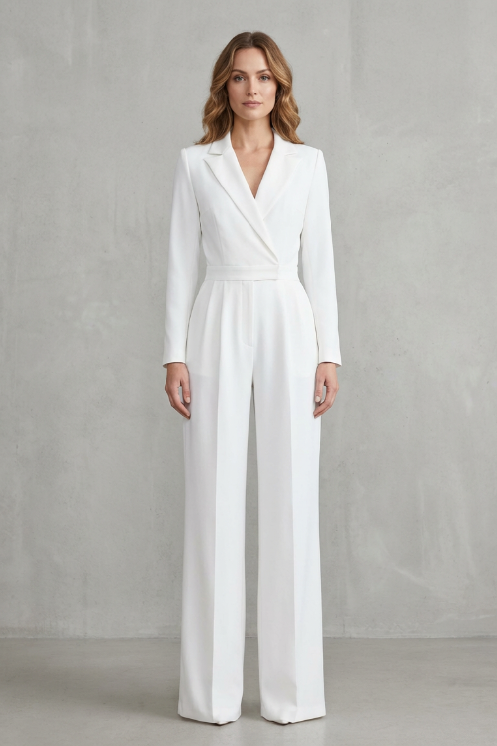 Phoebe | Jumpsuit White Crepe Wide-Leg Tuxedo Long Sleeve for Women