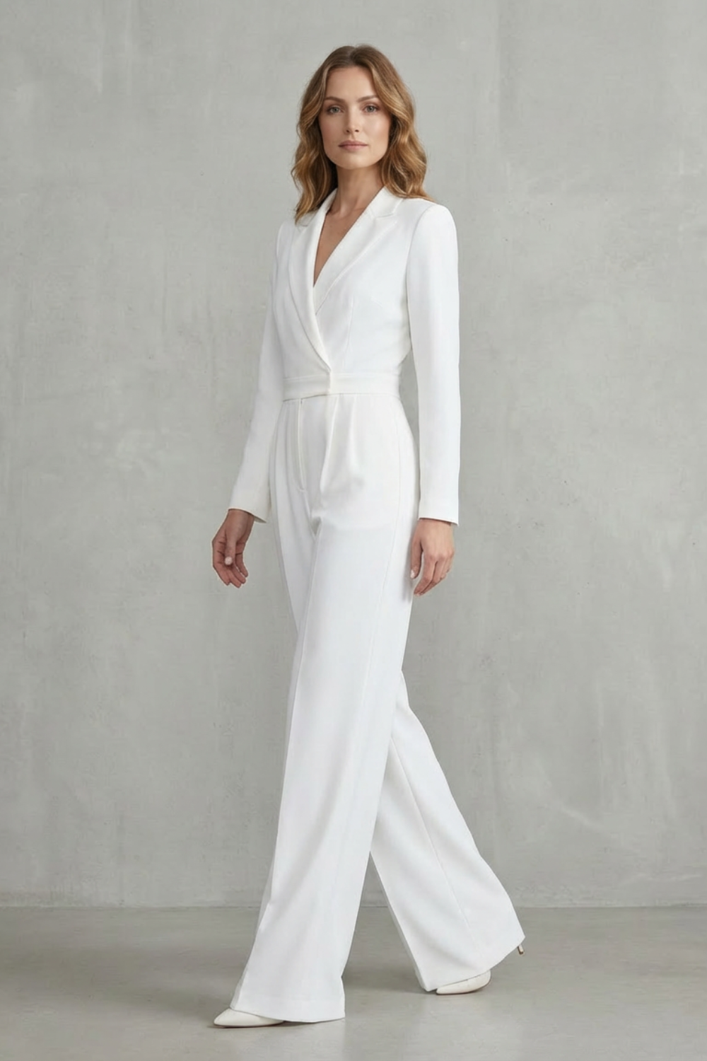 Phoebe | Jumpsuit White Crepe Wide-Leg Tuxedo Long Sleeve for Women
