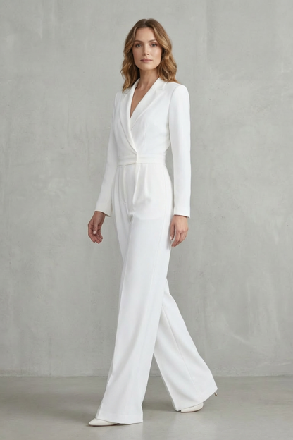 Phoebe | Jumpsuit White Crepe Wide-Leg Tuxedo Long Sleeve for Women