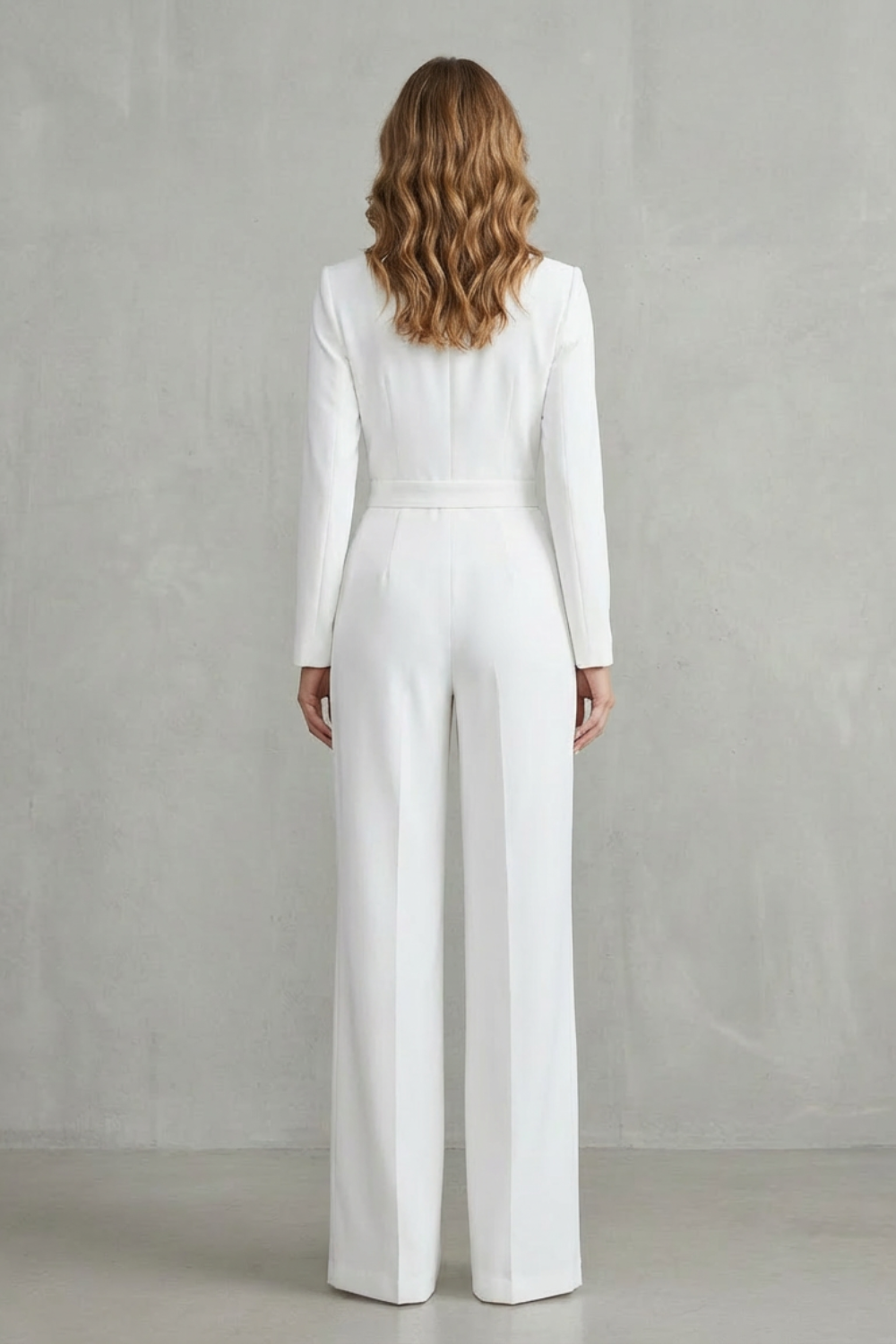 Phoebe | Jumpsuit White Crepe Wide-Leg Tuxedo Long Sleeve for Women