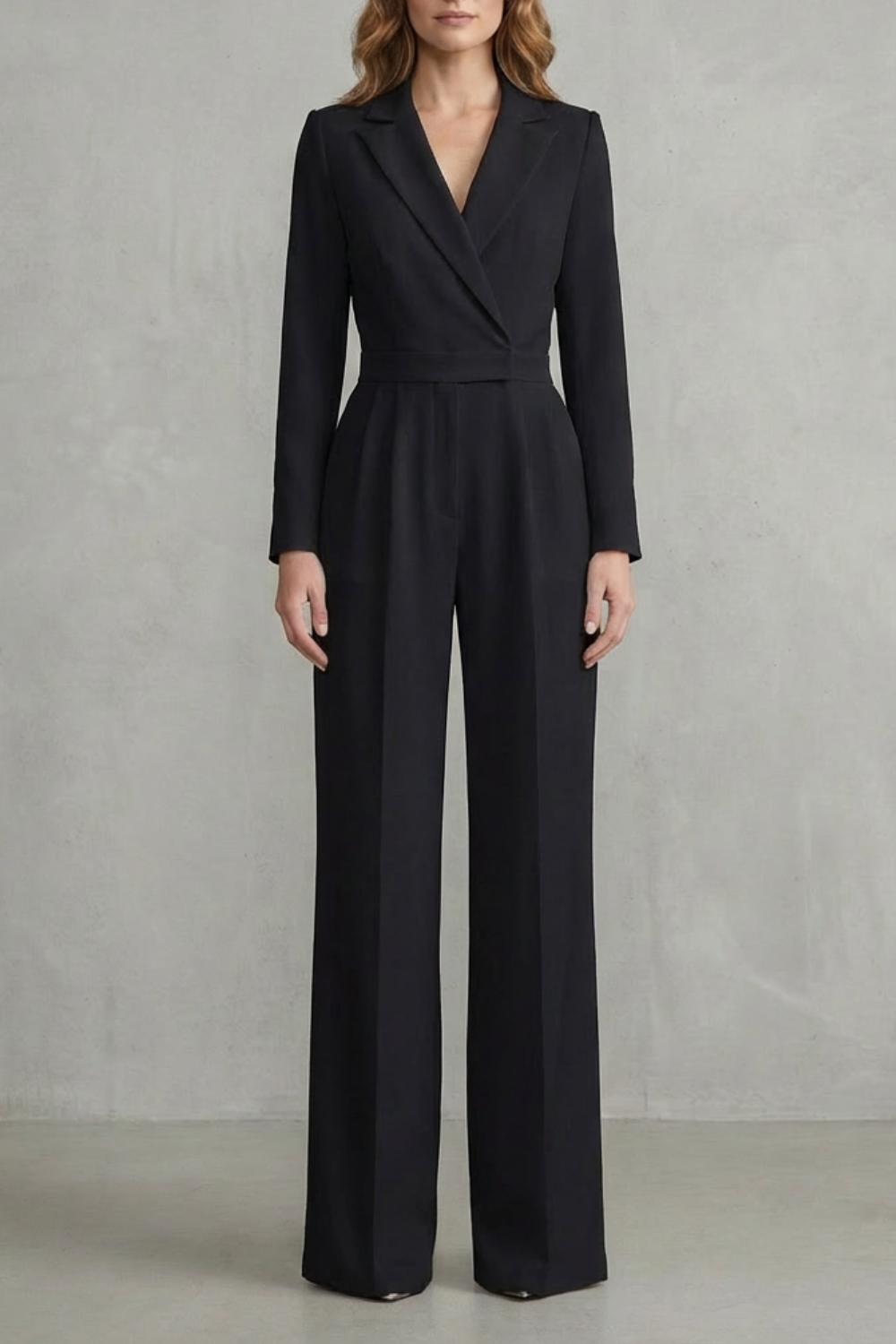 Phoebe | Jumpsuit White Crepe Wide-Leg Tuxedo Long Sleeve for Women