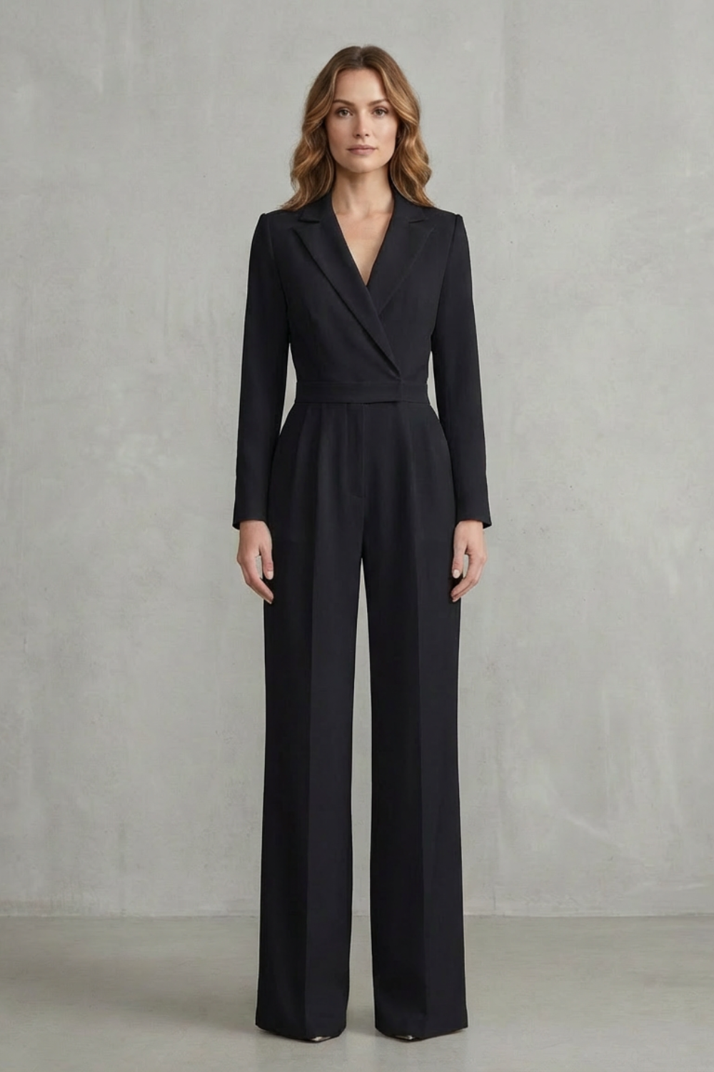 Phoebe | Jumpsuit White Crepe Wide-Leg Tuxedo Long Sleeve for Women