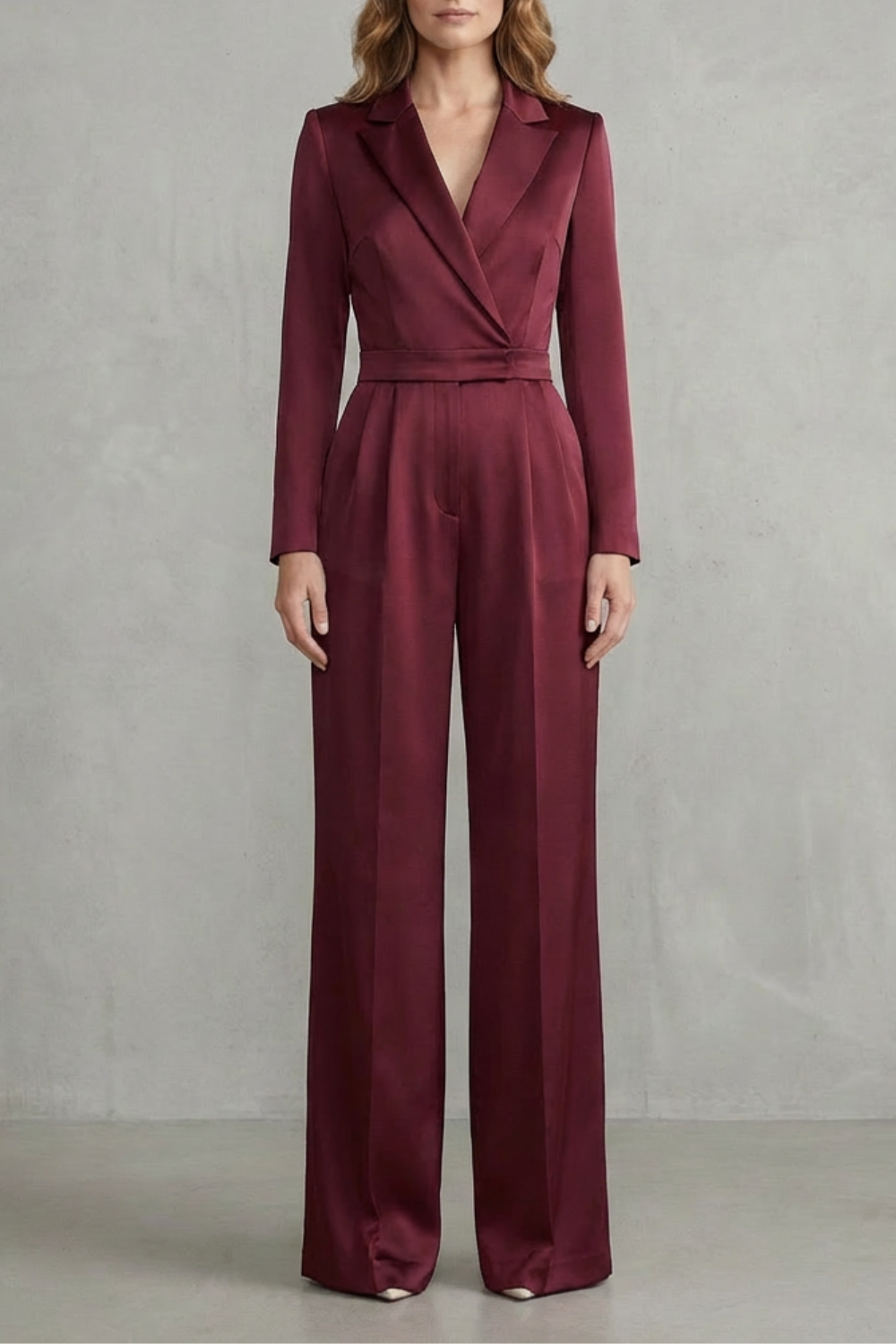 Phoebe | Jumpsuit White Crepe Wide-Leg Tuxedo Long Sleeve for Women