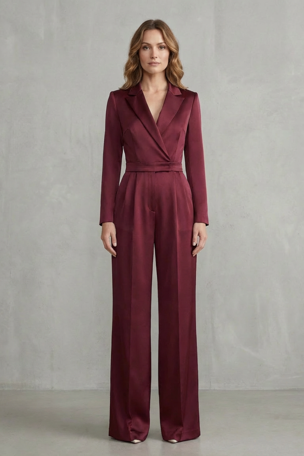 Phoebe | Jumpsuit White Crepe Wide-Leg Tuxedo Long Sleeve for Women