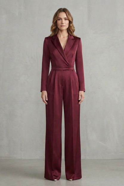 Phoebe | Jumpsuit White Crepe Wide-Leg Tuxedo Long Sleeve for Women