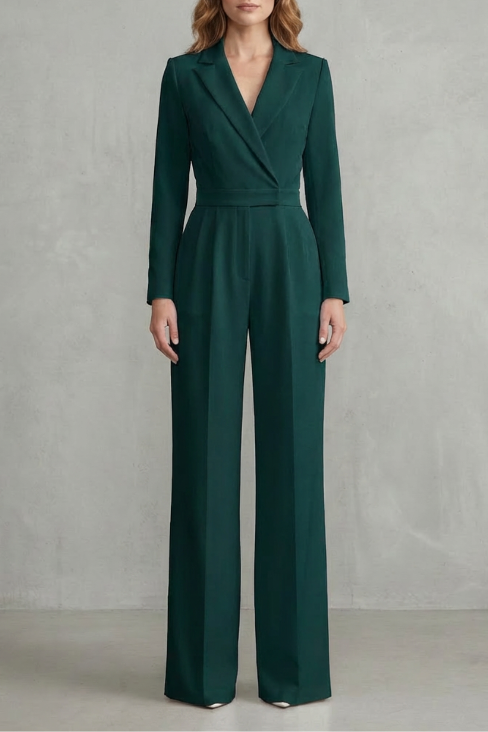 Phoebe | Jumpsuit White Crepe Wide-Leg Tuxedo Long Sleeve for Women