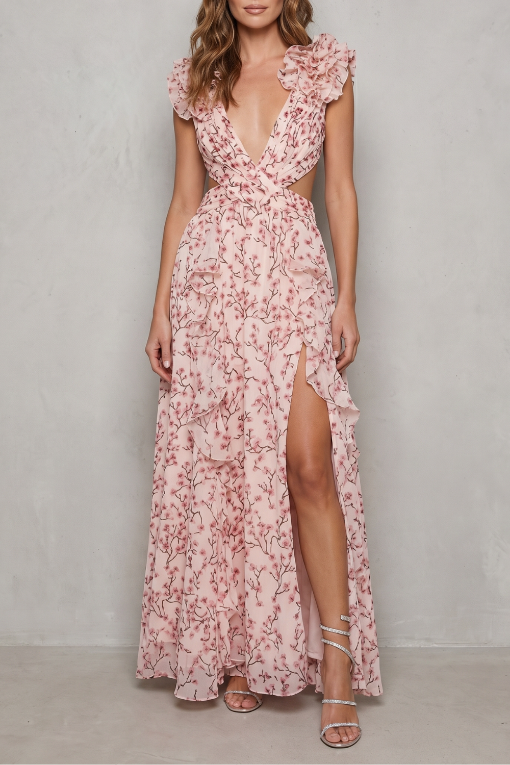Phoebe | Maxi Dress Pink Floral Chiffon Ruffle V-Neck for Women