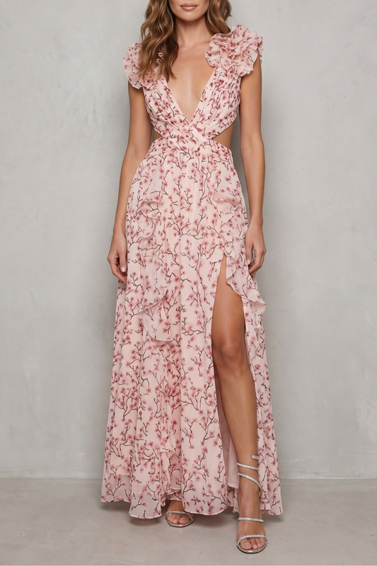 Phoebe | Maxi Dress Pink Floral Chiffon Ruffle V-Neck for Women