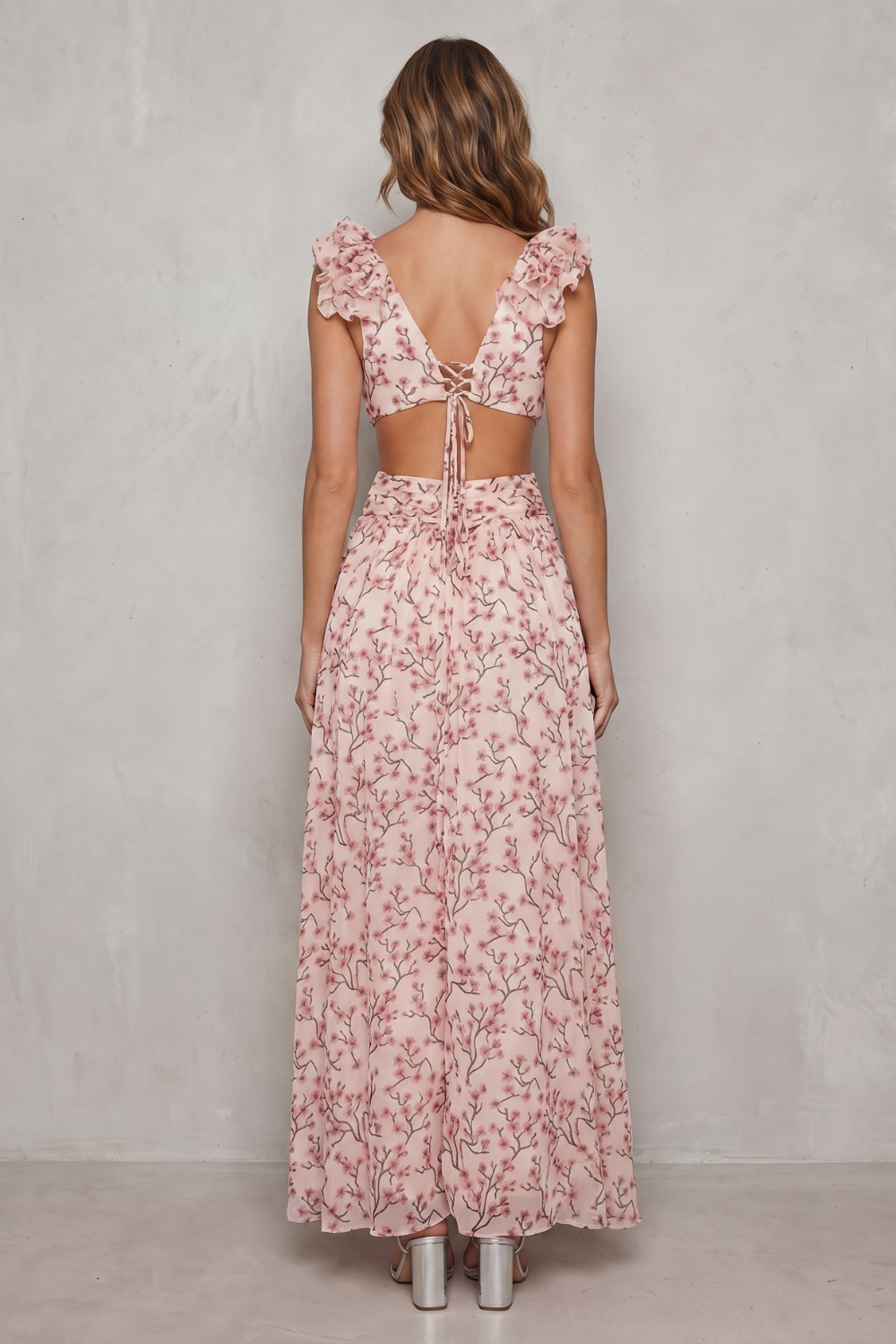 Phoebe | Maxi Dress Pink Floral Chiffon Ruffle V-Neck for Women
