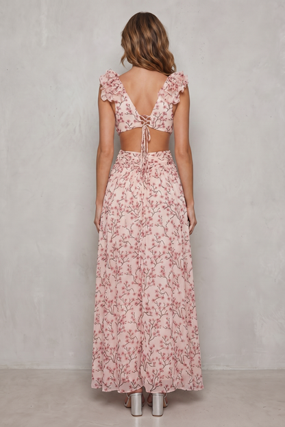 Phoebe | Maxi Dress Pink Floral Chiffon Ruffle V-Neck for Women