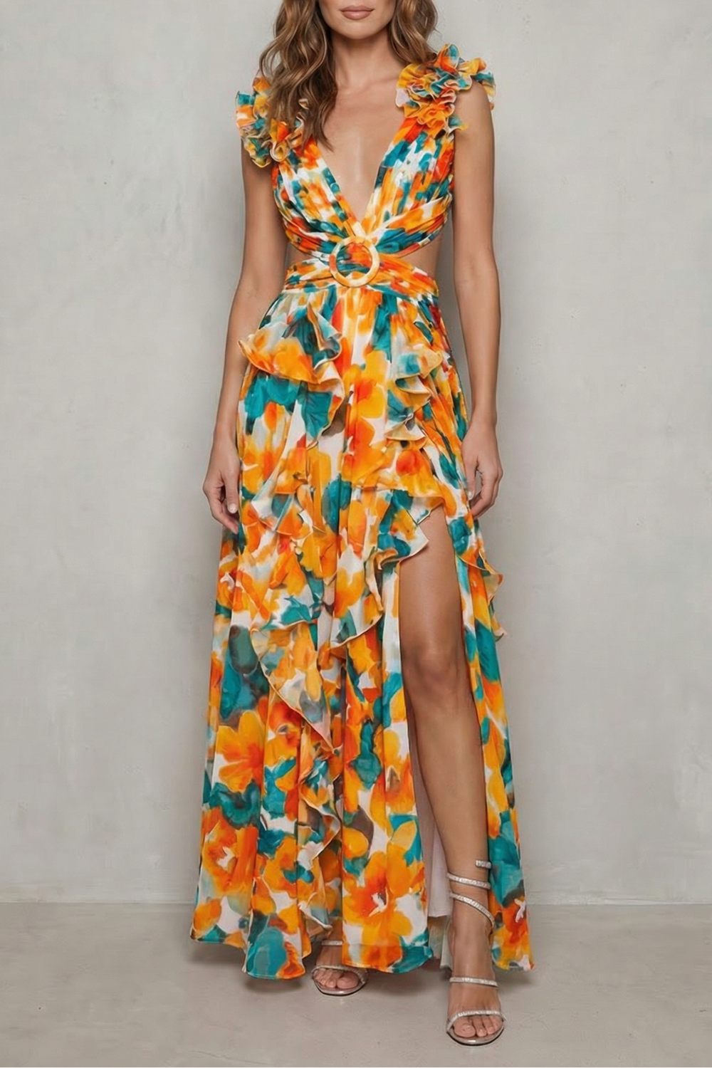 Phoebe | Maxi Dress Pink Floral Chiffon Ruffle V-Neck for Women