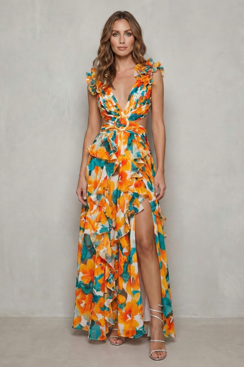 Phoebe | Maxi Dress Pink Floral Chiffon Ruffle V-Neck for Women