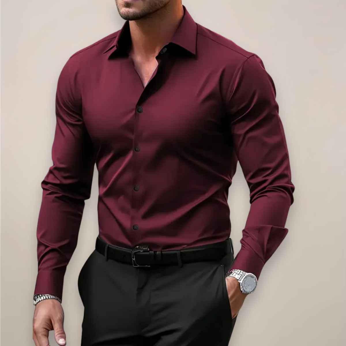 Angus | Long Sleeve Shirt Dark Green Slim Fit Button-Down for Men
