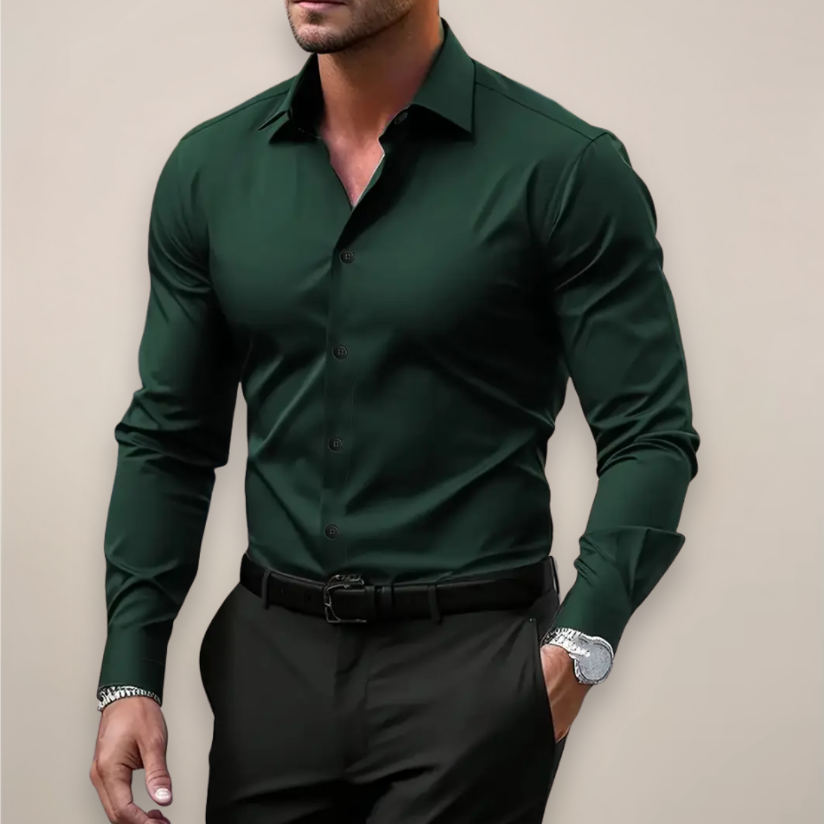 Angus | Long Sleeve Shirt Dark Green Slim Fit Button-Down for Men