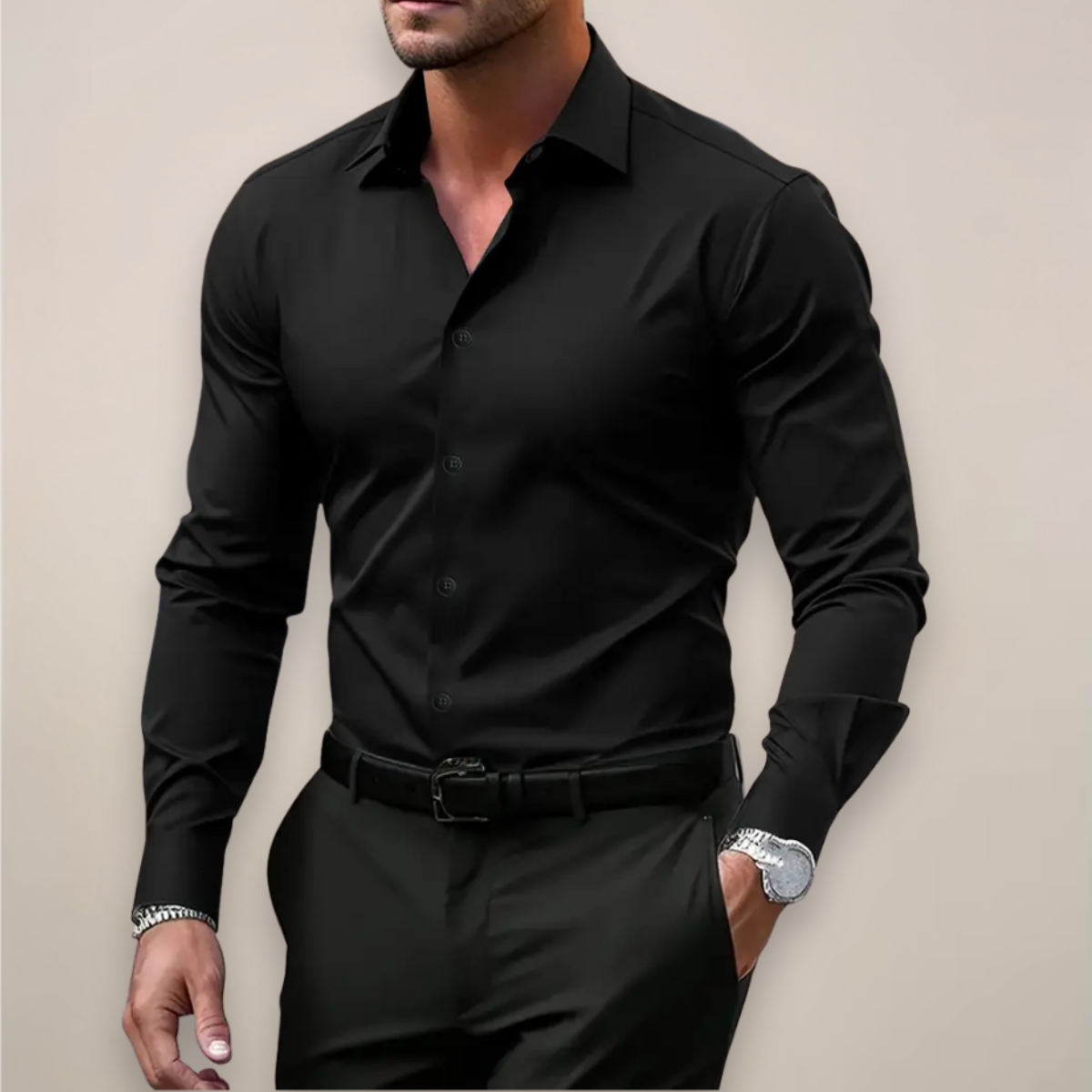 Angus | Long Sleeve Shirt Dark Green Slim Fit Button-Down for Men