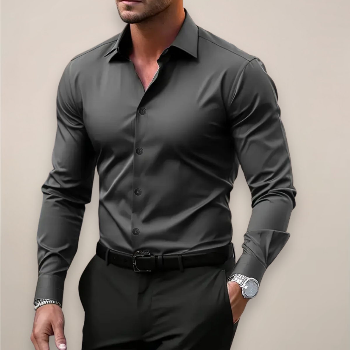 Angus | Long Sleeve Shirt Dark Green Slim Fit Button-Down for Men