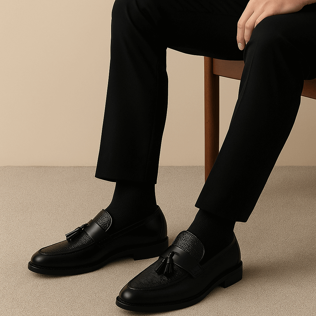 Rupert | Loafers Black Faux Leather Woven Tassel Slip-On for Men