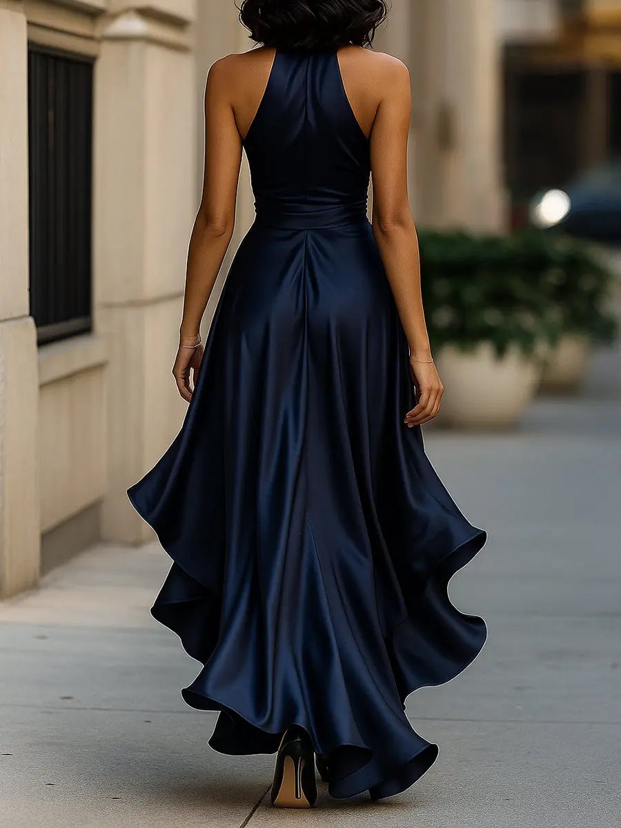 Kitty | Maxi Dress Champagne Satin Halterneck Wrap Bow for Women