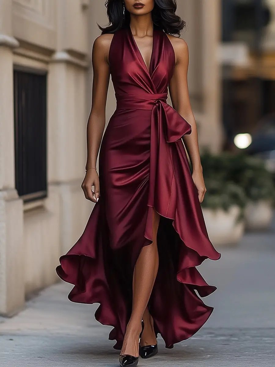 Kitty | Maxi Dress Champagne Satin Halterneck Wrap Bow for Women