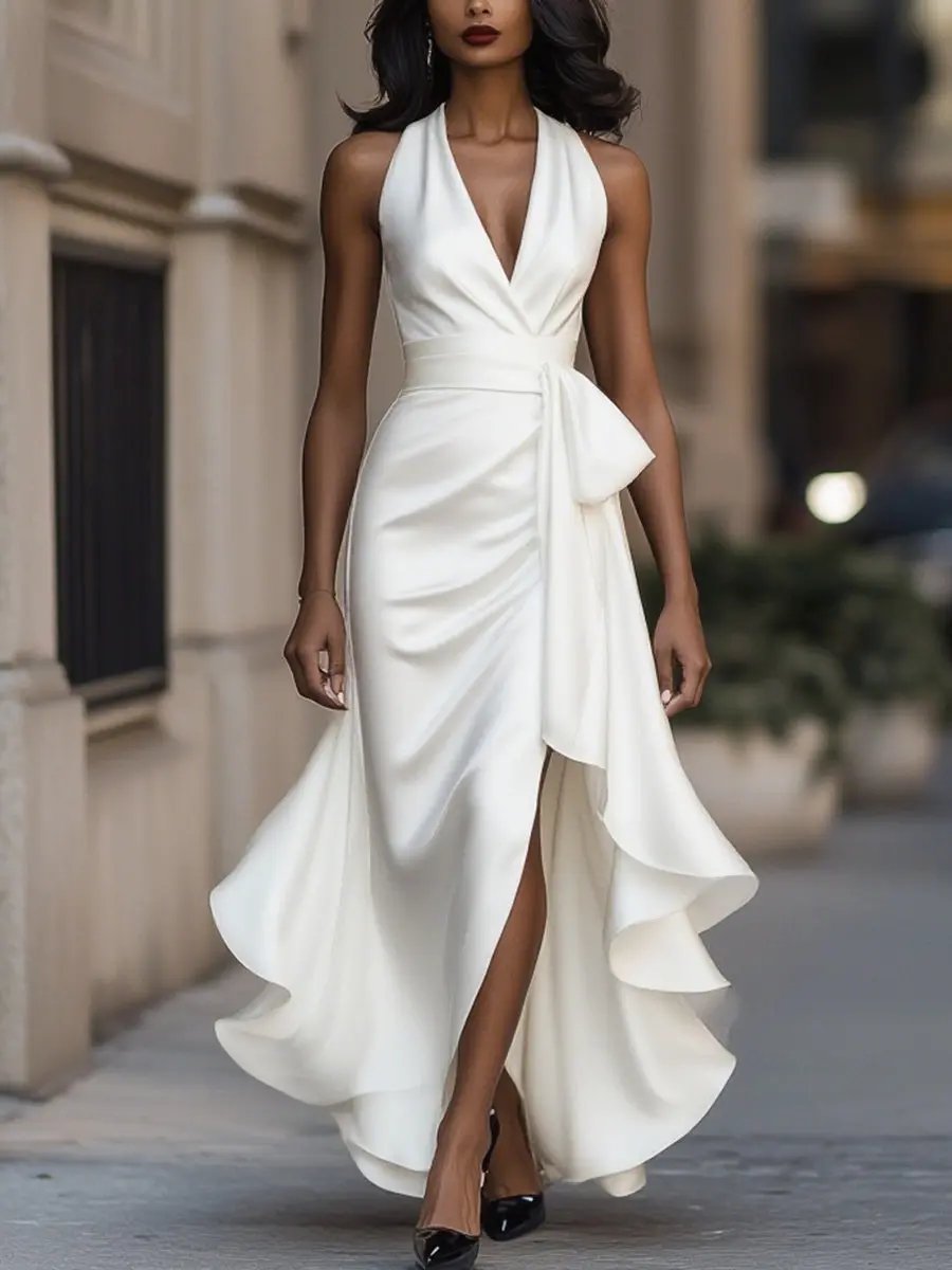 Kitty | Maxi Dress Champagne Satin Halterneck Wrap Bow for Women