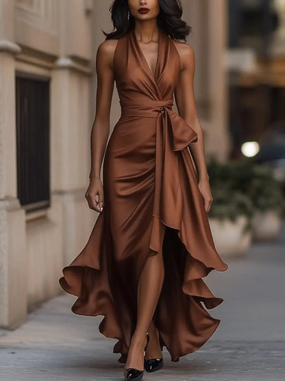 Kitty | Maxi Dress Champagne Satin Halterneck Wrap Bow for Women