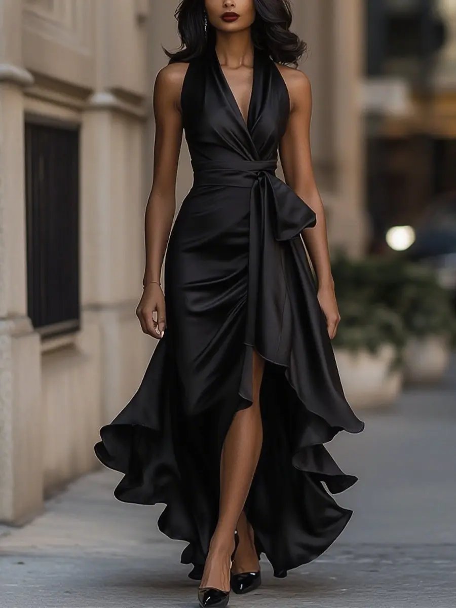 Kitty | Maxi Dress Champagne Satin Halterneck Wrap Bow for Women