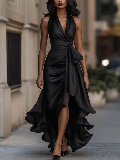 Kitty | Maxi Dress Champagne Satin Halterneck Wrap Bow for Women