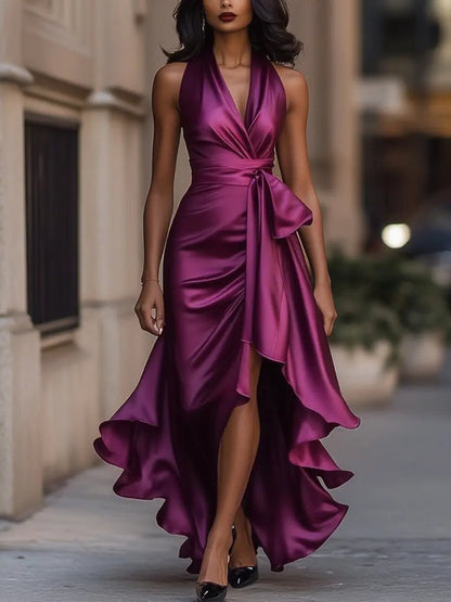 Kitty | Maxi Dress Champagne Satin Halterneck Wrap Bow for Women