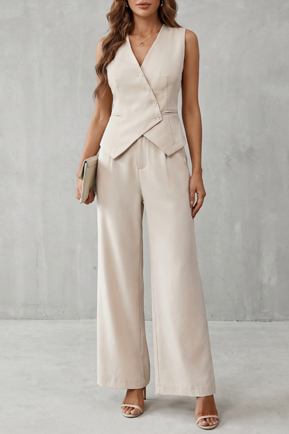 Aeryn | Tailored Vest & Wide-Leg Trousers Set Cream Woven Sleeveless for Women