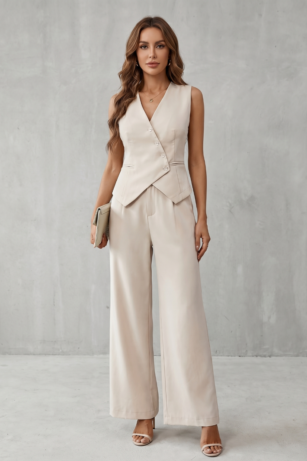 Aeryn | Tailored Vest & Wide-Leg Trousers Set Cream Woven Sleeveless for Women