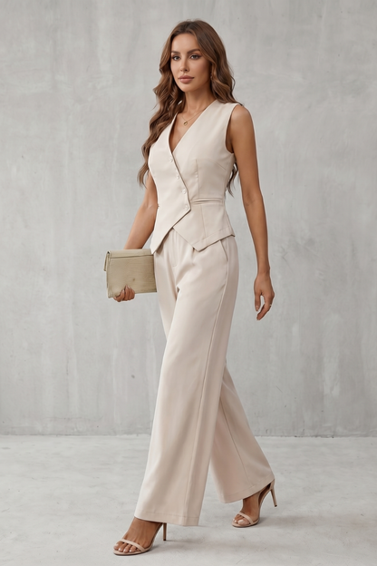 Aeryn | Tailored Vest & Wide-Leg Trousers Set Cream Woven Sleeveless for Women