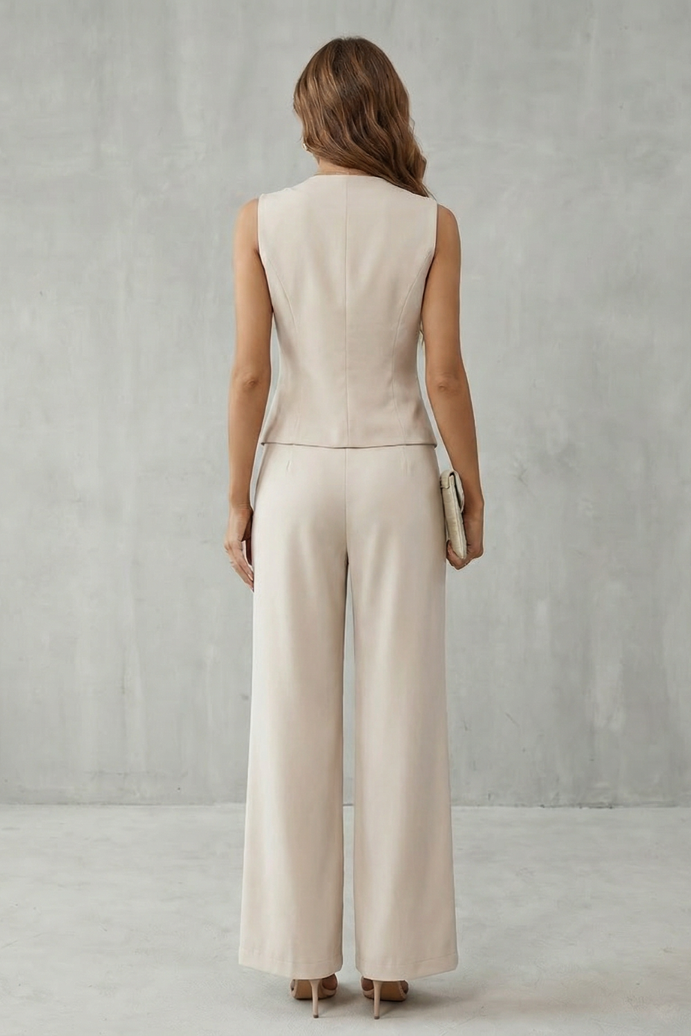 Aeryn | Tailored Vest & Wide-Leg Trousers Set Cream Woven Sleeveless for Women