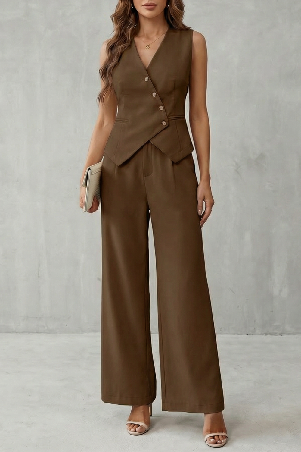 Aeryn | Tailored Vest & Wide-Leg Trousers Set Cream Woven Sleeveless for Women