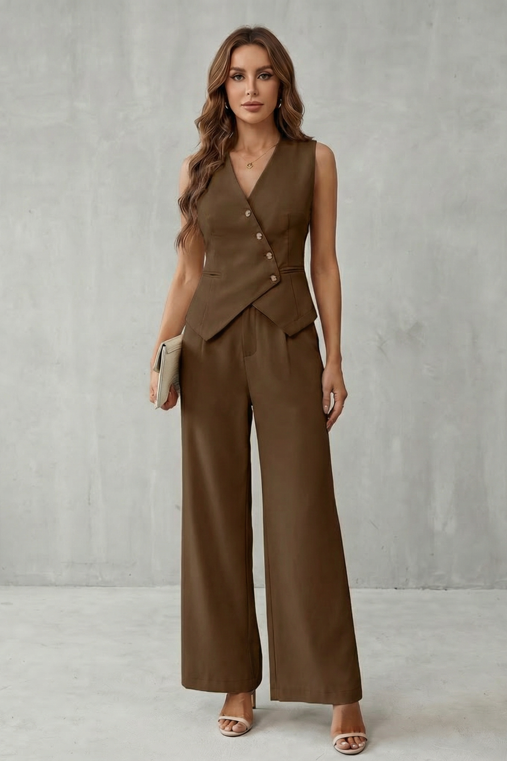 Aeryn | Tailored Vest & Wide-Leg Trousers Set Cream Woven Sleeveless for Women