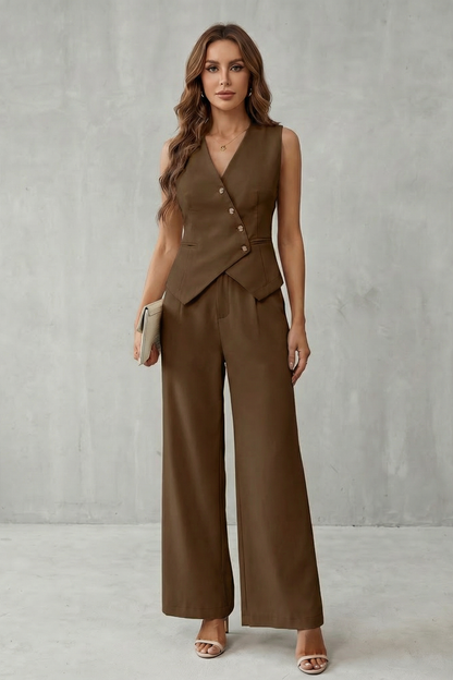 Aeryn | Tailored Vest & Wide-Leg Trousers Set Cream Woven Sleeveless for Women