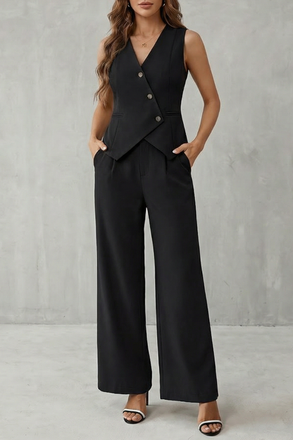 Aeryn | Tailored Vest & Wide-Leg Trousers Set Cream Woven Sleeveless for Women