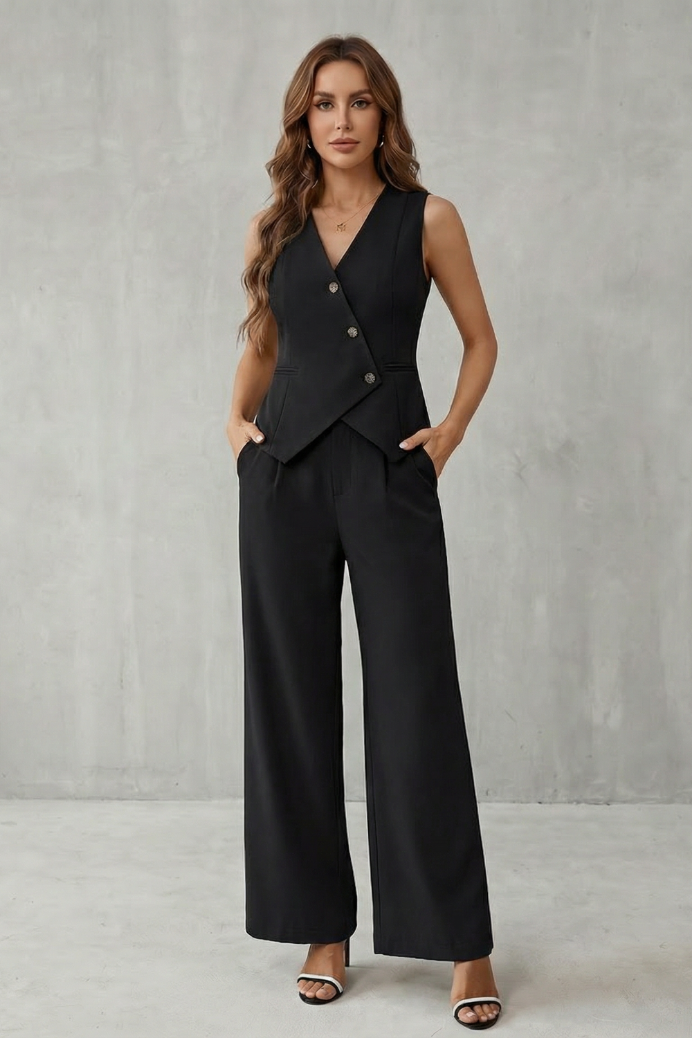Aeryn | Tailored Vest & Wide-Leg Trousers Set Cream Woven Sleeveless for Women
