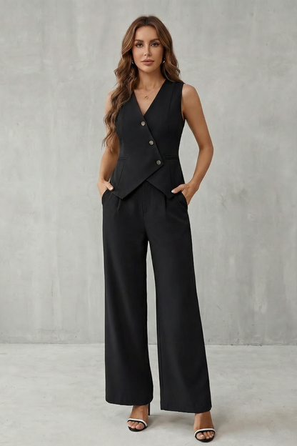 Aeryn | Tailored Vest & Wide-Leg Trousers Set Cream Woven Sleeveless for Women