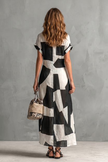 Arabelle | Maxi Shirt Dress Black White Geometric Print for Women