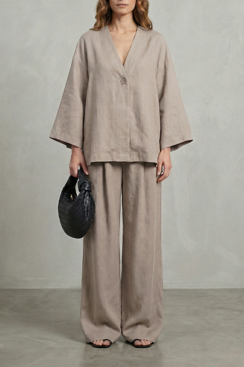 Harriet | Linen Co-Ord Set Chocolate Brown Wide-Leg V-Neck for Women