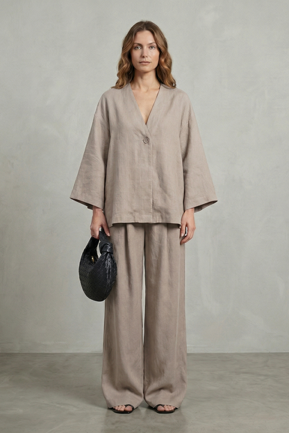 Harriet | Linen Co-Ord Set Chocolate Brown Wide-Leg V-Neck for Women