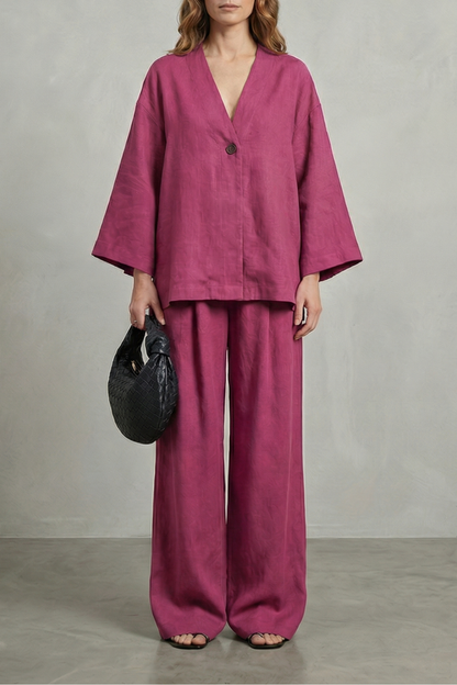 Harriet | Linen Co-Ord Set Chocolate Brown Wide-Leg V-Neck for Women