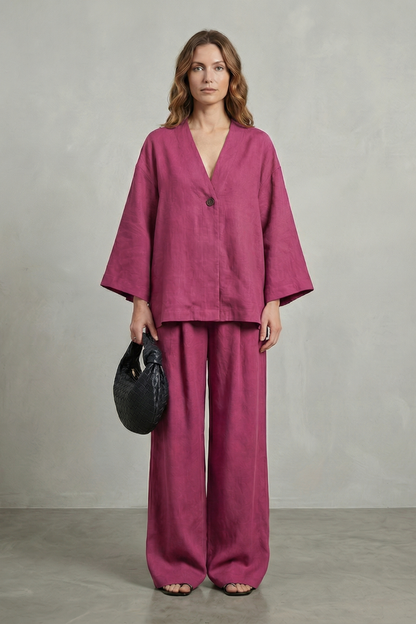 Harriet | Linen Co-Ord Set Chocolate Brown Wide-Leg V-Neck for Women