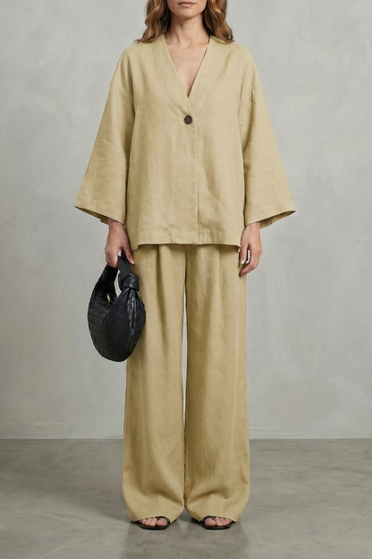 Harriet | Linen Co-Ord Set Chocolate Brown Wide-Leg V-Neck for Women