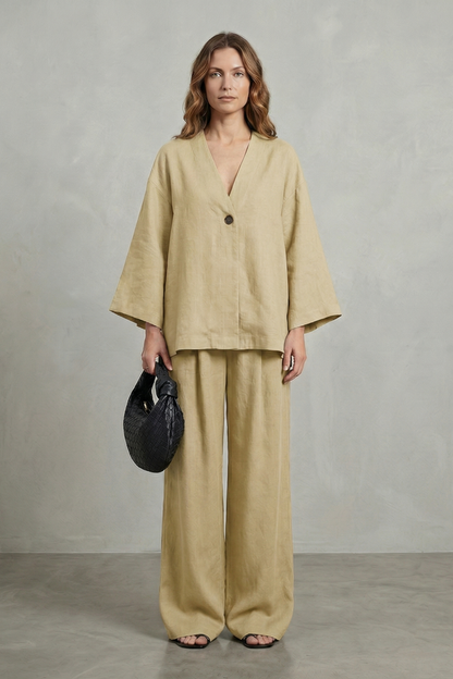 Harriet | Linen Co-Ord Set Chocolate Brown Wide-Leg V-Neck for Women