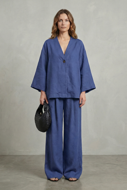Harriet | Linen Co-Ord Set Chocolate Brown Wide-Leg V-Neck for Women