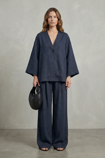 Harriet | Linen Co-Ord Set Chocolate Brown Wide-Leg V-Neck for Women
